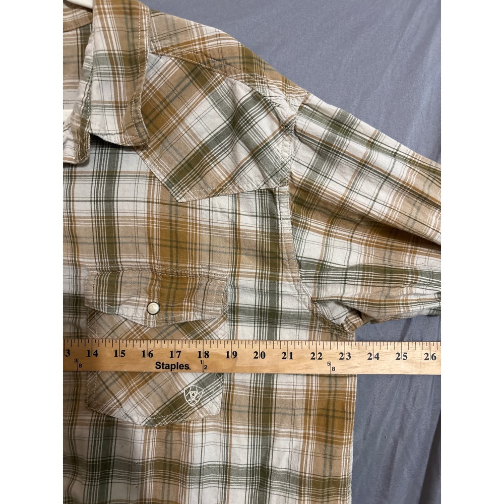 Ariat Retro Fitted Mens XL Tall Western Pearl Snap Plaid Shirt Brown Olive - Picture 7 of 10